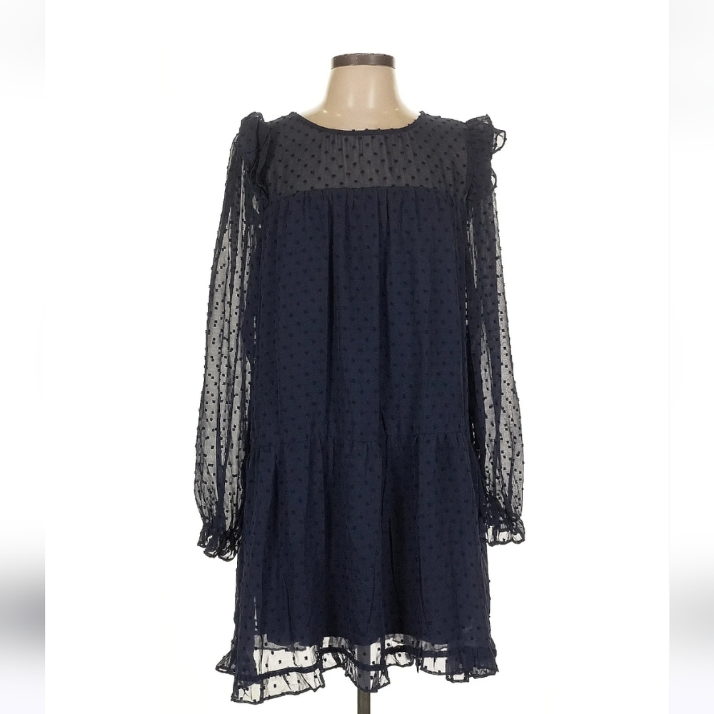 Crystal Doll Navy Swiss Dot Babydoll Dress, Long Sleeves Size L